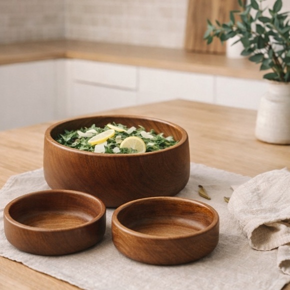 Vintage Mid Century Teak Wood Salad Bowl Set Large 9” Serving Bowl Two 6” Bowls - Picture 2 of 16